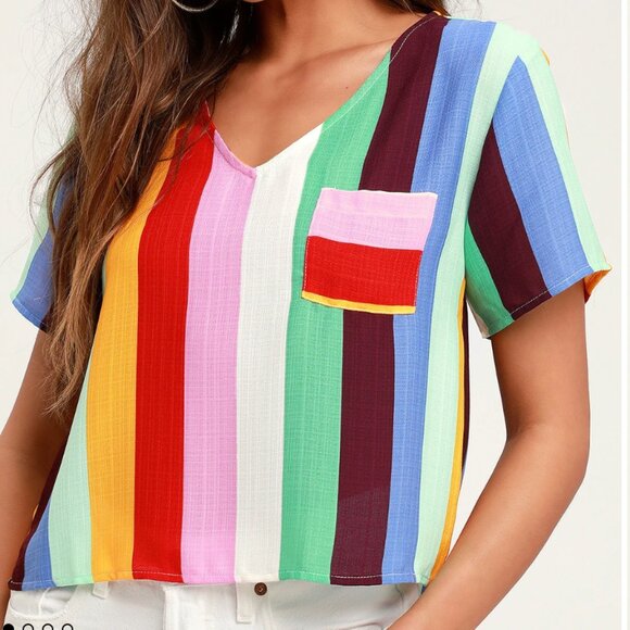 NWT Lulu's Candy Dreams Multi Striped Short Sleeve Top in Multi Striped - Picture 1 of 4
